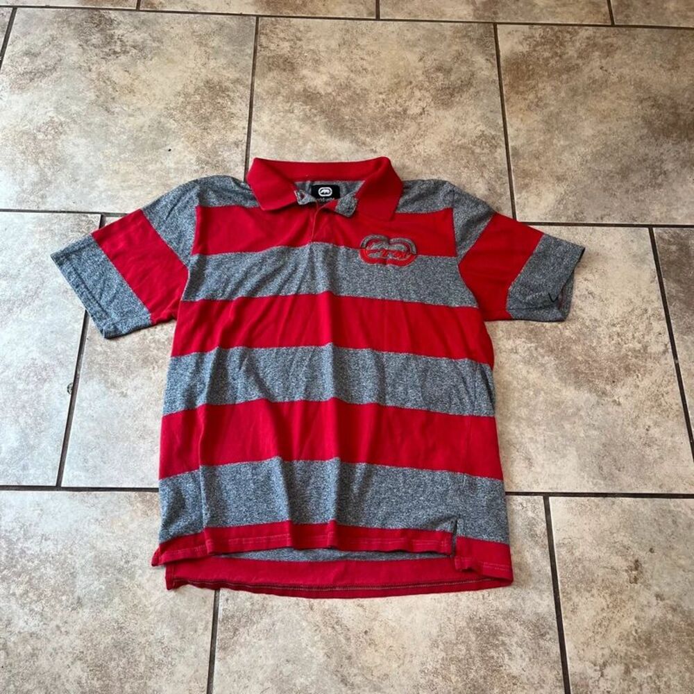 Vintage Ecko Unltd Men's Striped Polo Shirt Red Grey Y2K Hip Hop Rhino Size L